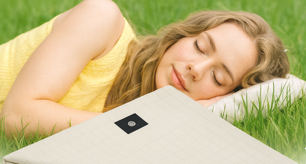 Woman lying on grass with a beige heating pad and cable